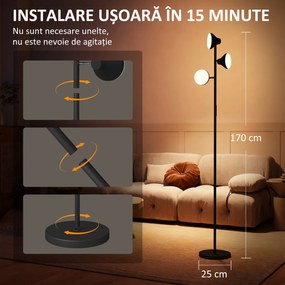 HOMCOM Lampă de Podea cu 3 Capete Reglabile Independent Φ25x170 cm Negru | Aosom Romania