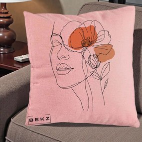 Perna Decorativa Portret Feminin Mac Profilat, 40x40 cm, Roz, Husa Detasabila, Perna Inclusa, BEKZ®