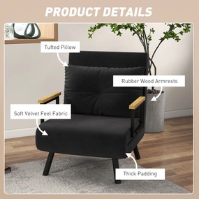 HOMCOM Canapea Extensibilă cu Spătar Reglabil pe 5 Nivele, Canapea Pat Individuală Pliabilă cu Perne, 63x73x81 cm, Negru | Aosom Romania