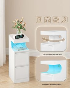 NOA79 - Set 2 Noptiere, 24 cm, foarte inguste, cu LED, 2 Sertare si Raft - Alb