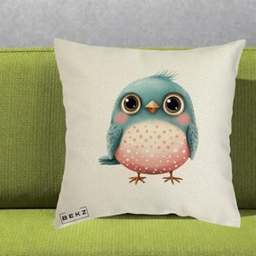 Perna Decorativa Pasare Teal-Roz cu Pete, 40x40 cm, Ecru, Husa Detasabila, Perna Inclusa, BEKZ®