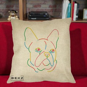 Perna Decorativa Bulldog Francez Line Art Curcubeu, 40x40 cm, Crem, Husa Detasabila, Perna Inclusa, BEKZ®