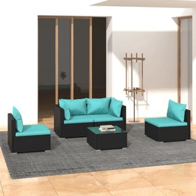 Set mobilier de gradina cu perne, 5 piese, negru, poliratan negru si albastru acvatic, 2x colt + 2x mijloc + masa, 1