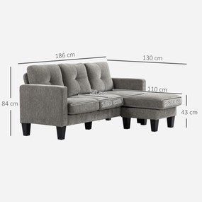 HOMCOM Canapea Colțar Extensibil cu Șezlong Reversibil, Pernă pentru Șezut și Spătar și 3 Locuri, 186x130x84 cm, Maro | Aosom Romania