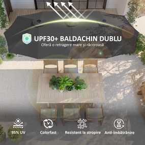 Outsunny Umbrelă Dublă de Grădină cu 12 Spițe, Orificii de Ventilație și Manivelă, 400x220x234 cm, Gri Închis | Aosom Romania