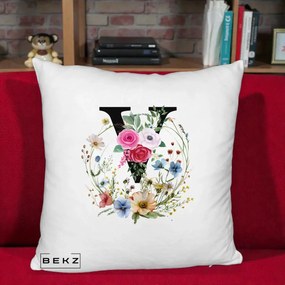 Cadou Personalizat - Perna Personalizata Monograma Florala Litera V cu Coroana, 40x40 cm, Alb Pufos, Husa Detasabila, Perna Inclusa, BEKZ®