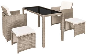 Set mobilier de exterior cu perne, 5 piese, bej, poliratan Bej, 5, Sticla, 2x fotoliu + 2x suport pentru picioare + masa, modern