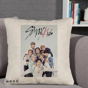 Perna Personalizata K-pop Stray Kids cu Foto Grup Alb-Albastru, 40x40 cm, Bej Canapea, Husa Detasabila, Perna Inclusa, BEKZ®