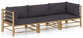 vidaXL Set mobilier de grădină, perne gri închis, 3 piese, bambus