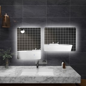 kleankin Oglindă de Baie cu Lumină LED, 3 Culori, Întrerupătoare Touch și Luminozitate Reglabilă, 70x50x3 cm, Transparent | Aosom Romania