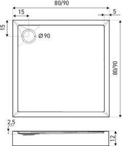Cădiță de duș pătrată David 80 din acril negru