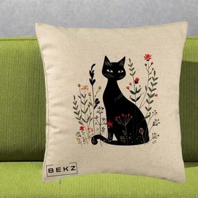 Perna Decorativa Pisica Neagra Botanica Rosu-Gri, 40x40 cm, Bej, Husa Detasabila, Perna Inclusa, BEKZ®