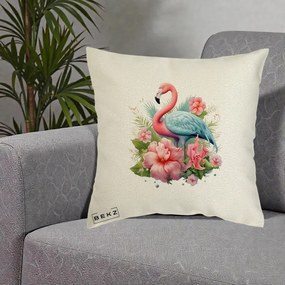 Perna Decorativa Flamingo cu Hibiscus Tropical, 40x40 cm, Ecru, Husa Detasabila, Perna Inclusa, BEKZ®