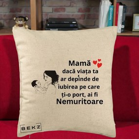 Cadou pentru Mama - Perna Personalizata Mama Nemuritoare Imbratisare Copil, 40x40 cm, Bej, Husa Detasabila, Perna Inclusa, BEKZ®