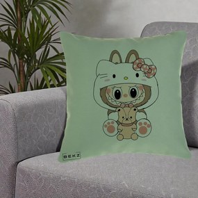 Perna Personalizata Labubu x Hello Kitty, 40x40 cm, Verde, Husa Detasabila, Perna Inclusa, BEKZ®
