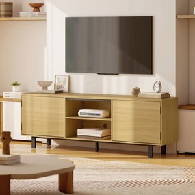HOMCOM Comodă TV, mobilier TV până la 165 cm, 2 uși cu deschidere prin apăsare și 2 rafturi, 160x35x55,5cm, lemn natural | Aosom Romania