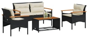 vidaXL Set mobilier de grădină cu perne, 4 piese, negru, poliratan