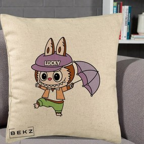 Perna Personalizata Labubu Lucky cu Umbrela, 40x40 cm, Bej, Husa Detasabila, Perna Inclusa, BEKZ®