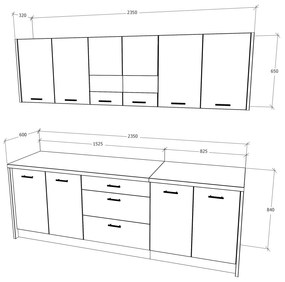 Bucatarie haaus Lima, Alb Lucios/Negru, MDF, L 235 cm