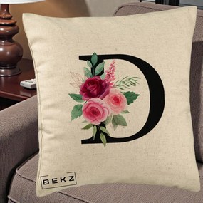 Cadou Personalizat - Perna Personalizata Monograma Florala Litera D, 40x40 cm, Bej, Husa Detasabila, Perna Inclusa, BEKZ®
