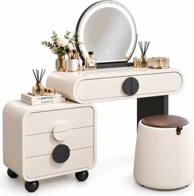 Set RIGA – Masă de Toaletă pentru Machiaj, Oglindă iluminată LED, Control touch, Trei tipuri culoare, Taburet, 80 cm, Alb