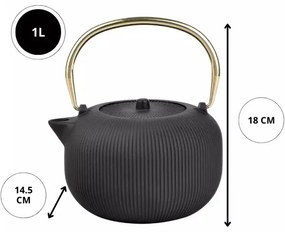 Ceainic din fonta cu infuzor Kinghoff KH 1931, 1 l, Fonta, Interior emailat, Negru