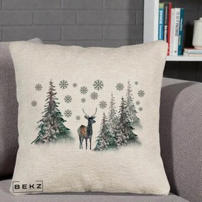 Perna Decorativa Ren in Padure Inzapezita, 40x40 cm, Bej Canapea, Husa Detasabila, Perna Inclusa, BEKZ®
