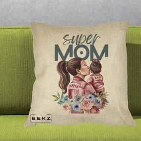 Cadou pentru Mama - Perna Personalizata Super Mom Mama cu Bebelusul, 40x40 cm, Crem, Husa Detasabila, Perna Inclusa, BEKZ®