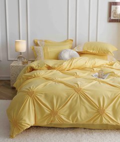Lenjerie pat dublu, Inimi Brodate, 6 Piese, Finet Premium - Galben