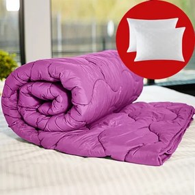 Set pilota iarna, umplutura lana, material policoton, 180x210cm, matlasata, siclam, Pucioasa cu 2 perne, matlasate, antialergice, 50x70cm, albe, Pucioasa