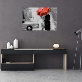 Tablou - Cuplu în dragoste sub o umbrelă, roșu (90x60 cm)