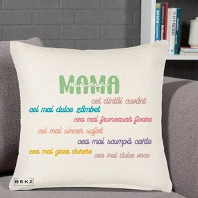 Cadou pentru Mama - Perna Personalizata Mama Cel Dintai Cuvant cu Text Colorat Multicolor, 40x40 cm, Crem Reliefat, Husa Detasabila, Perna Inclusa, BEKZ®