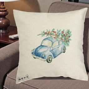 Perna Decorativa Masinuta Albastra cu Brad de Craciun, 40x40 cm, Ecru, Husa Detasabila, Perna Inclusa, BEKZ®