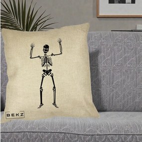 Perna Decorativa Halloween Schelet Dansator, 40x40 cm, Crem, Husa Detasabila, Perna Inclusa, BEKZ®