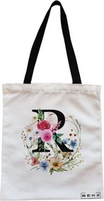 Sacosa de Panza pentru Cumparaturi, Geanta Tote, Cu litera R in Coronita Florala, Cu fermoar, 38x34.5 cm, Alba, BEKZ®