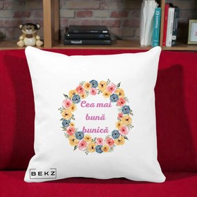 Cadou pentru Bunica - Perna Personalizata Cea Mai Buna Bunica Coronita Flori Multicolore, 40x40 cm, Alba Mata, Husa Detasabila, Perna Inclusa, BEKZ®