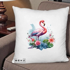 Perna Decorativa Flamingo cu Flori Tropicale Acuarela, 40x40 cm, Alb Pufos, Husa Detasabila, Perna Inclusa, BEKZ®