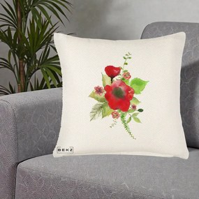 Perna Decorativa Buchet Rosu Acuarela, 40x40 cm, Crem Reliefat, Husa Detasabila, Perna Inclusa, BEKZ®