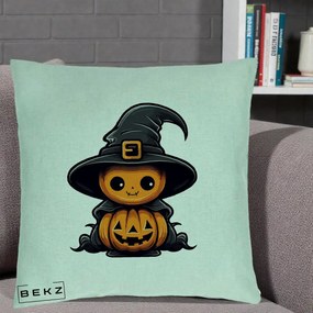 Perna Decorativa Halloween Dovleac Vrajitor Kawaii, 40x40 cm, Verde Menta, Husa Detasabila, Perna Inclusa, BEKZ®