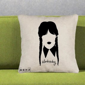 Perna Personalizata Wednesday Addams Silueta Alb-Negru, 40x40 cm, Bej Canapea, Husa Detasabila, Perna Inclusa, BEKZ®