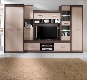 Mobilă de living, PAL/MDF, stejar deschis/stejar închis, KORINA