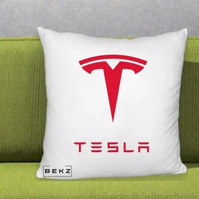 Perna Personalizata cu emblema Tesla, 40x40 cm, Alb Pufos, Husa Detasabila, Perna Inclusa, BEKZ®