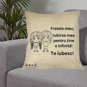 Cadou pentru Frate - Perna Personalizata Fratele Meu Te Iubesc Copii Anime Line Art Negru, 40x40 cm, Crem, Husa Detasabila, Perna Inclusa, BEKZ®