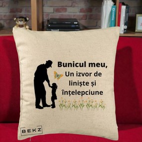 Cadou pentru Bunic - Perna Personalizata Bunicul Meu Izvor de Liniste cu Fluture si Fetita, 40x40 cm, Bej, Husa Detasabila, Perna Inclusa, BEKZ®