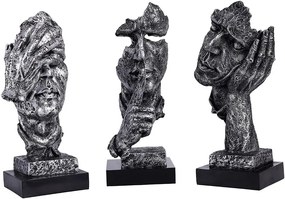 Set 3 Statuete Thinker Face 33cm, Argintiu