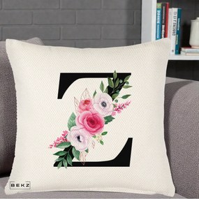Cadou Personalizat - Perna Personalizata Monograma Florala Litera Z cu Buchet, 40x40 cm, Crem Reliefat, Husa Detasabila, Perna Inclusa, BEKZ®