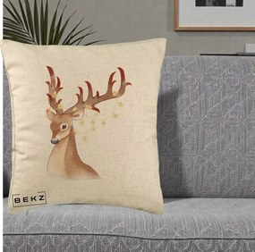 Perna Decorativa Ren cu Luminite de Craciun, 40x40 cm, Bej, Husa Detasabila, Perna Inclusa, BEKZ®