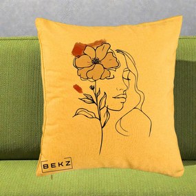 Perna Decorativa Portret Feminin Floare Bej Terracotta, 40x40 cm, Galben, Husa Detasabila, Perna Inclusa, BEKZ®