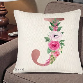 Cadou Personalizat - Perna Personalizata Monograma Rose Gold Litera J, 40x40 cm, Crem Reliefat, Husa Detasabila, Perna Inclusa, BEKZ®