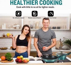 Set oale si tigai Herzberg HG-METBL15, 15 piese, Aluminiu 3003, Acoperire marmura, Capace din sticla, Inductie, Verde albastru